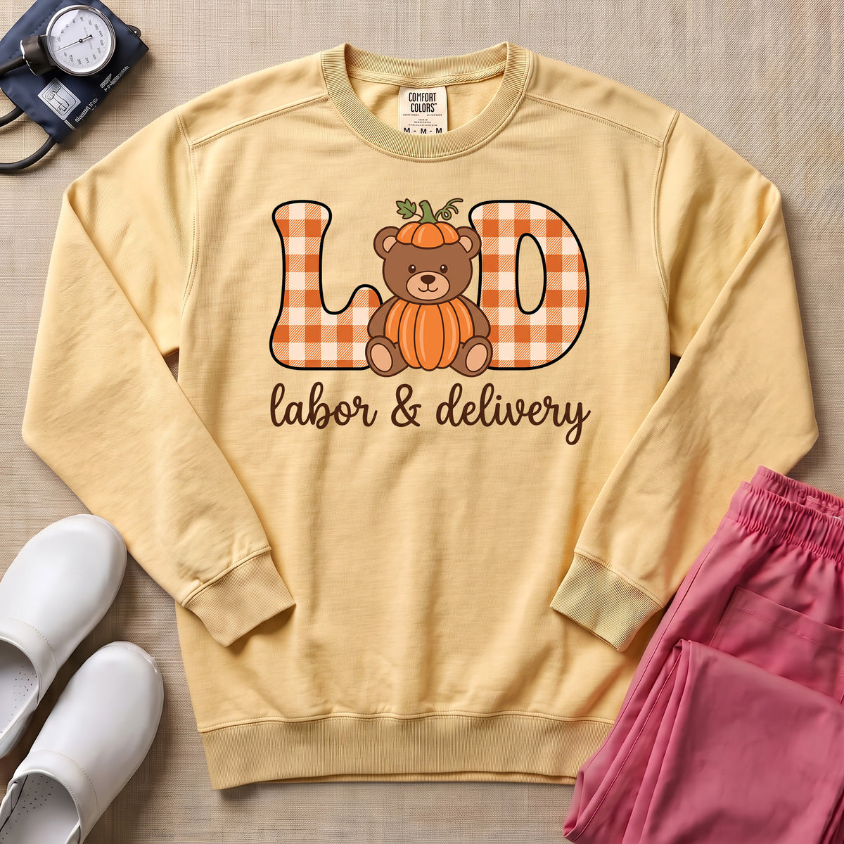Retro Pumpkin Teddy Bear Labor and Delivery Nurse Fall Sweatshirt - Butter Comfort Colors Sweatshirt | HugTee