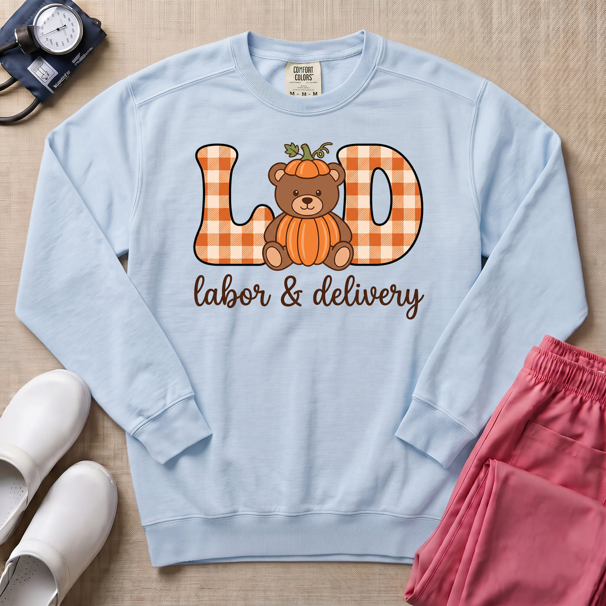 Retro Pumpkin Teddy Bear Labor and Delivery Nurse Fall Sweatshirt - Chambray Comfort Colors Sweatshirt | HugTee