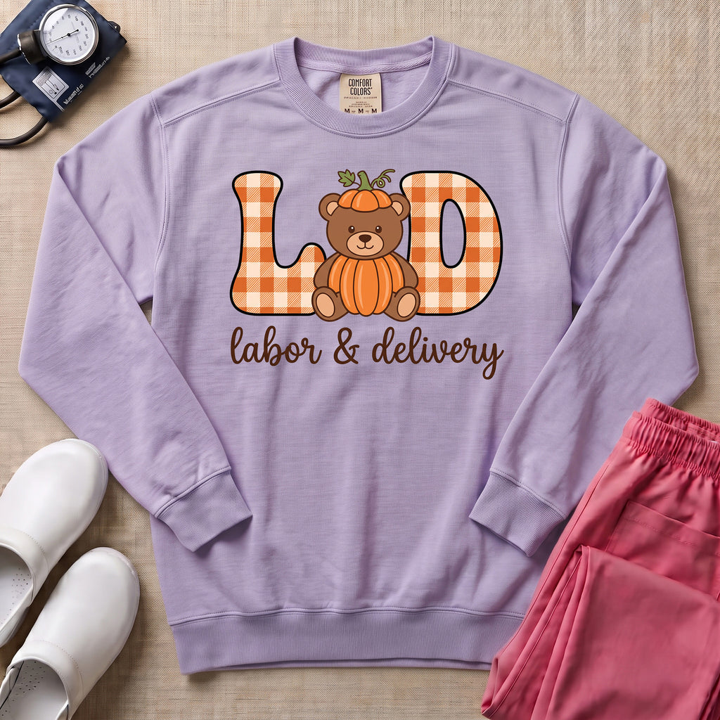 Retro Pumpkin Teddy Bear Labor and Delivery Nurse Fall Sweatshirt - Orchid Comfort Colors Sweatshirt | HugTee