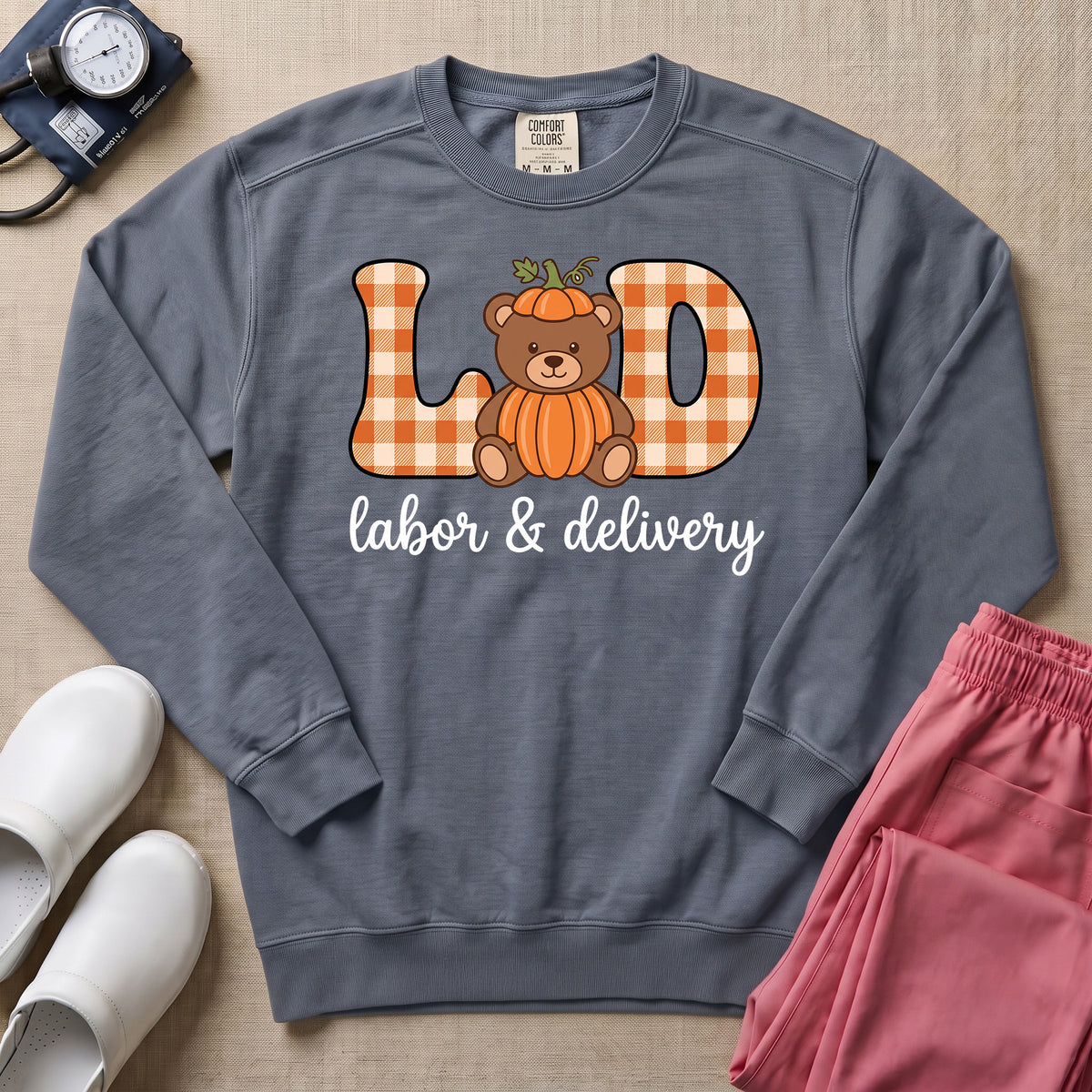 Retro Pumpkin Teddy Bear Labor and Delivery Nurse Fall Sweatshirt - Blue Jean Comfort Colors Sweatshirt | HugTee