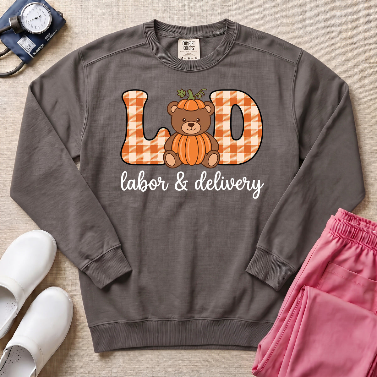 Retro Pumpkin Teddy Bear Labor and Delivery Nurse Fall Sweatshirt - Pepper Lifestyle Hero Mockup | HugTee