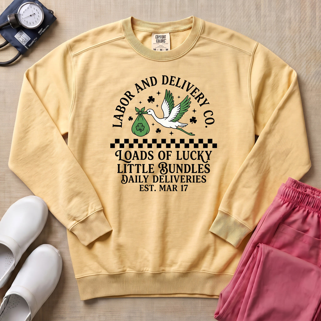 Retro Labor and Delivery Lucky Little Bundles St. Patrick's Day Sweatshirt - Butter Comfort Colors Sweatshirt | HugTee