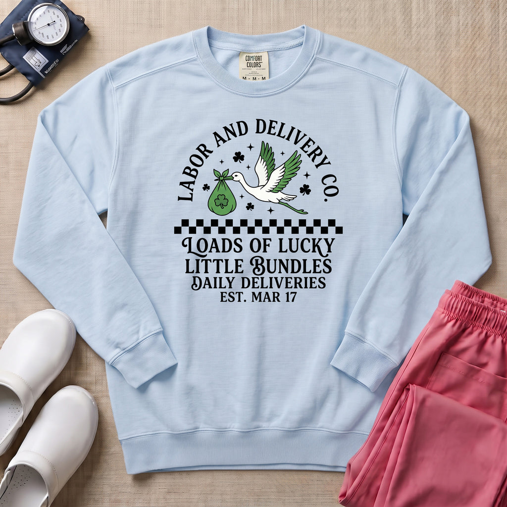 Retro Labor and Delivery Lucky Little Bundles St. Patrick's Day Sweatshirt - Chambray Comfort Colors Sweatshirt | HugTee