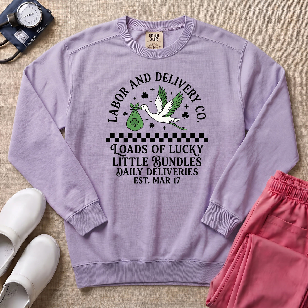 Retro Labor and Delivery Lucky Little Bundles St. Patrick's Day Sweatshirt - Orchid Comfort Colors Sweatshirt | HugTee