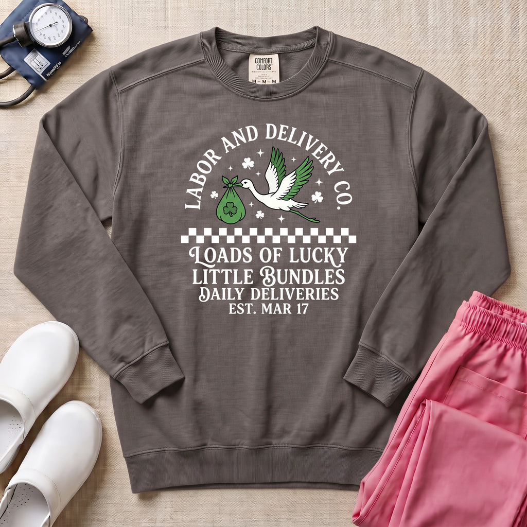 Retro Labor and Delivery Lucky Little Bundles St. Patrick's Day Sweatshirt - Pepper Lifestyle Hero Mockup | HugTee