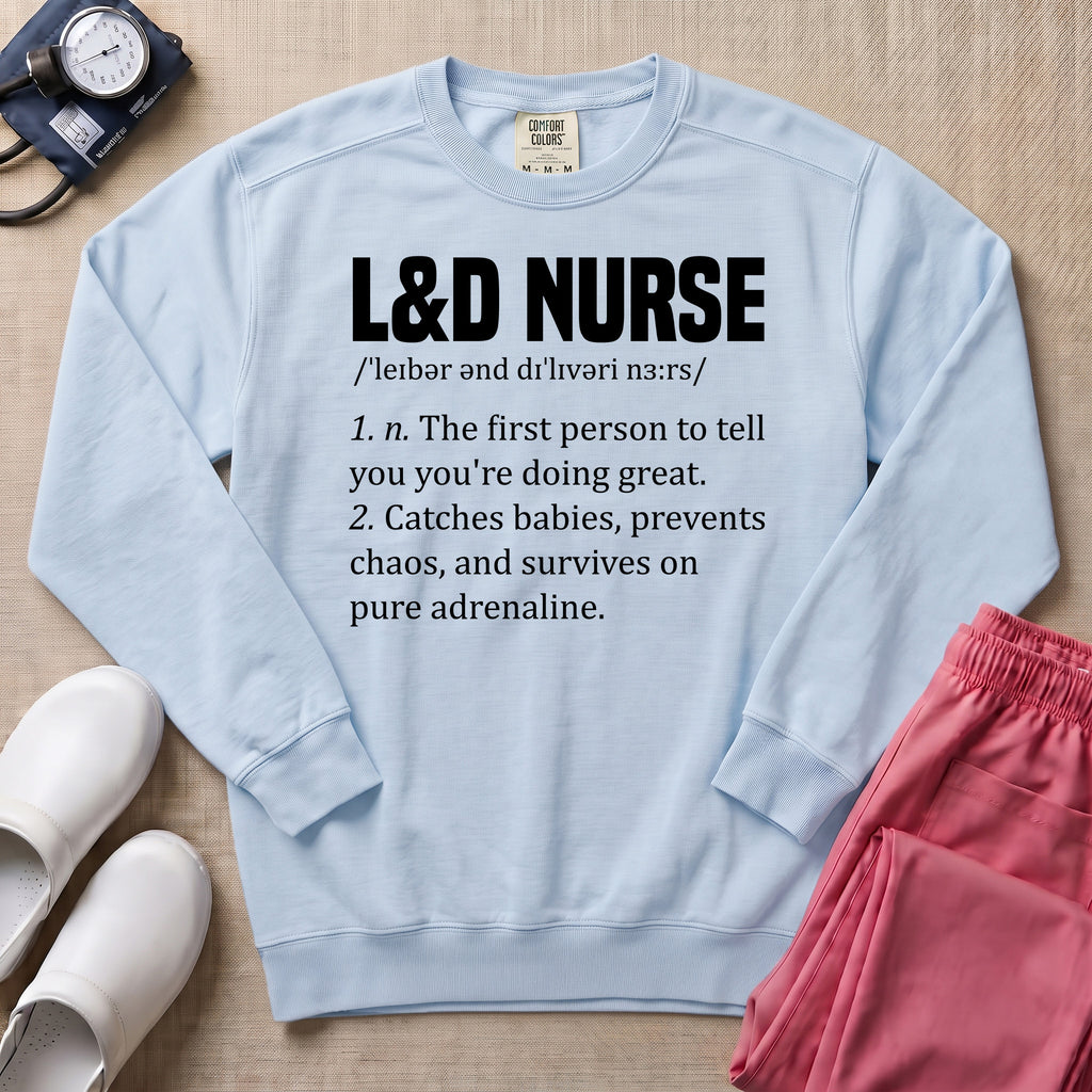 Funny L&D Nurse Definition Labor and Delivery Sweatshirt - Chambray Comfort Colors Sweatshirt | HugTee