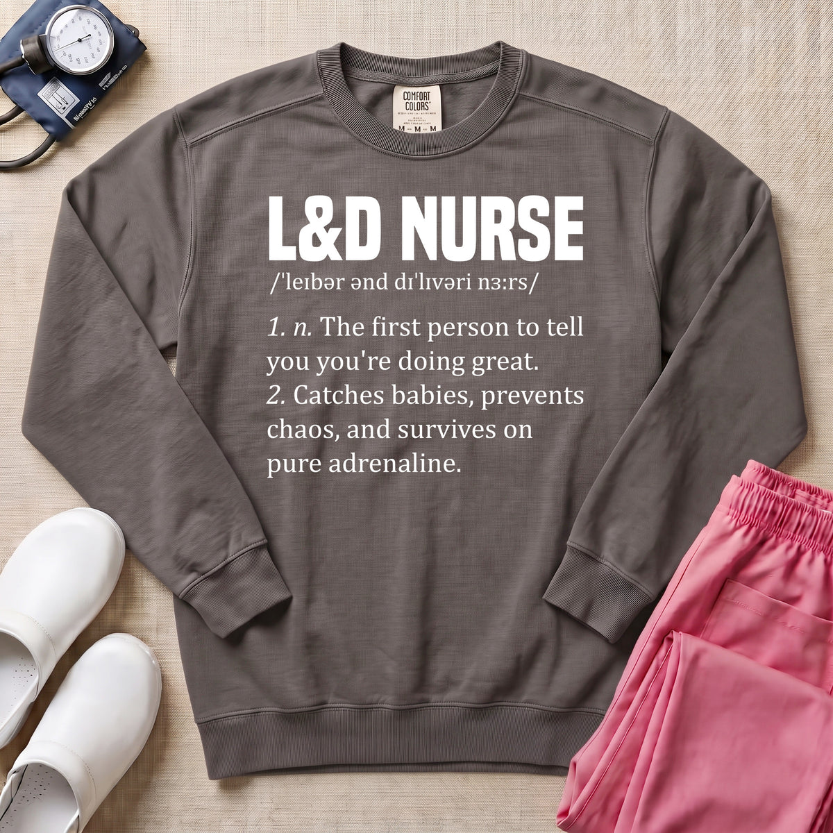 Funny L&D Nurse Definition Labor and Delivery Sweatshirt - Pepper Lifestyle Hero Mockup | HugTee