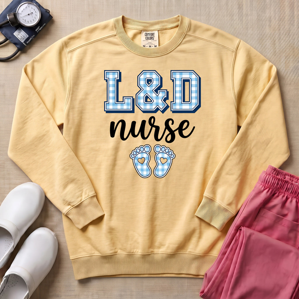 L&D Nurse Blue Gingham Footprints Sweatshirt - Butter Comfort Colors Sweatshirt | HugTee