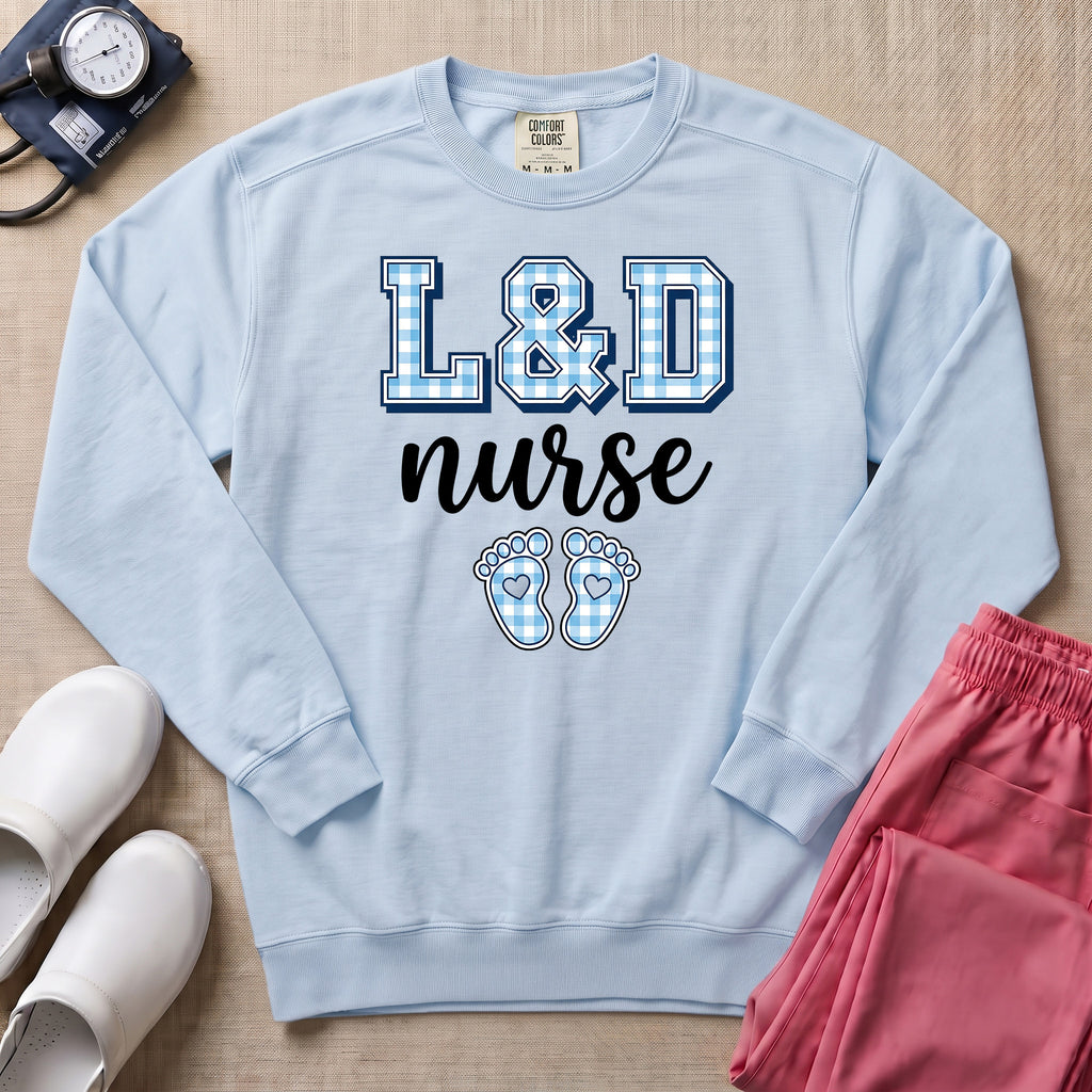 L&D Nurse Blue Gingham Footprints Sweatshirt - Chambray Comfort Colors Sweatshirt | HugTee
