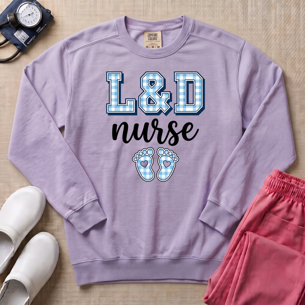 L&D Nurse Blue Gingham Footprints Sweatshirt - Orchid Comfort Colors Sweatshirt | HugTee