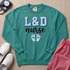L&D Nurse Blue Gingham Footprints Sweatshirt - Seafoam Comfort Colors Sweatshirt | HugTee