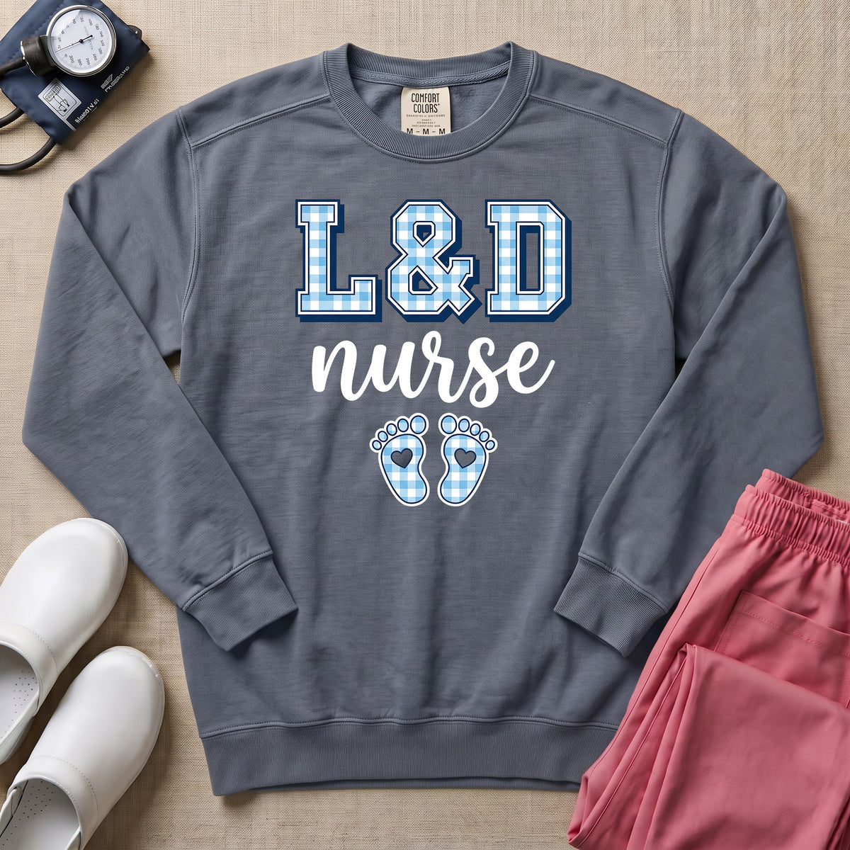 L&D Nurse Blue Gingham Footprints Sweatshirt - Blue Jean Comfort Colors Sweatshirt | HugTee