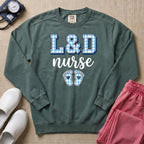 L&D Nurse Blue Gingham Footprints Sweatshirt - Blue Spruce Comfort Colors Sweatshirt | HugTee