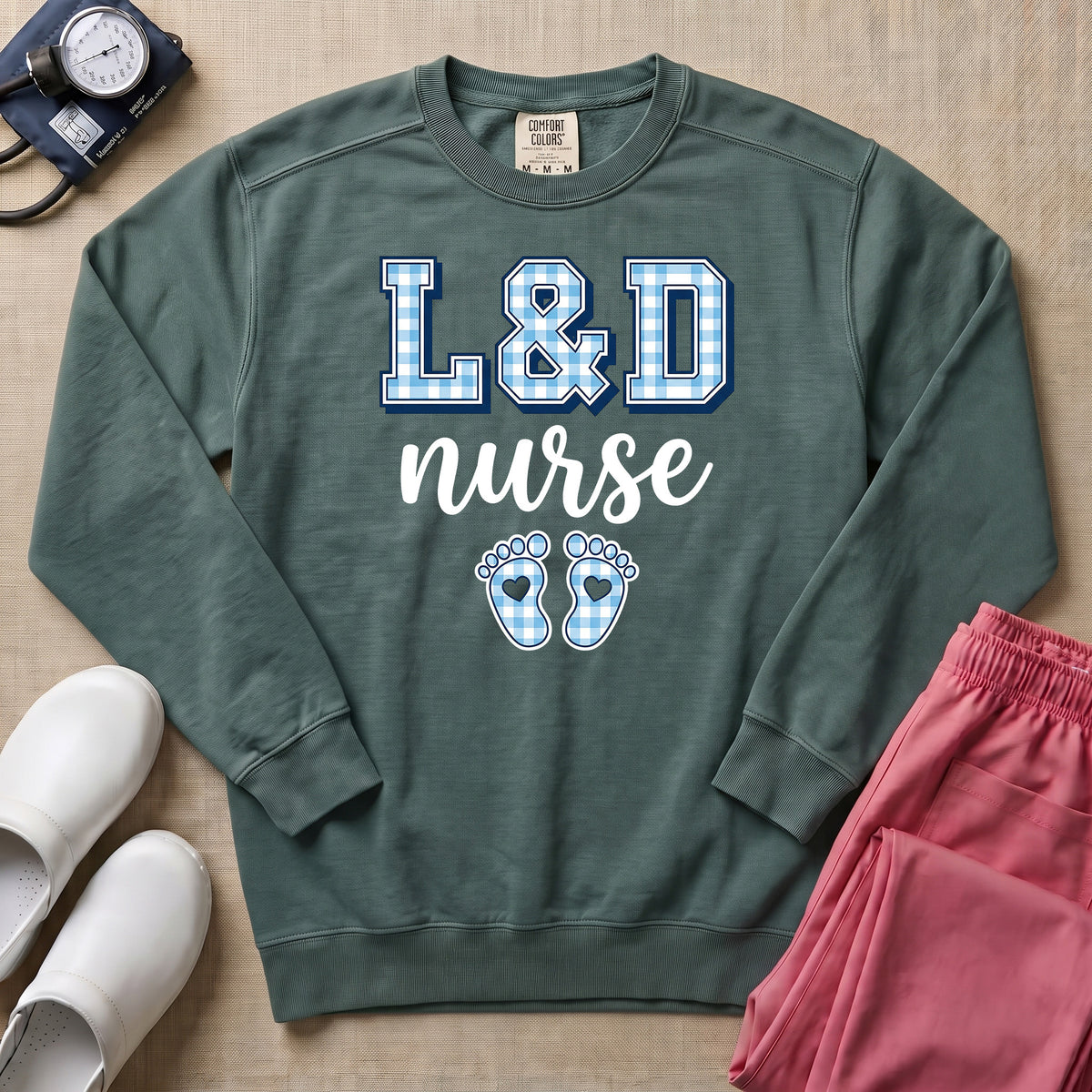 L&D Nurse Blue Gingham Footprints Sweatshirt - Blue Spruce Comfort Colors Sweatshirt | HugTee