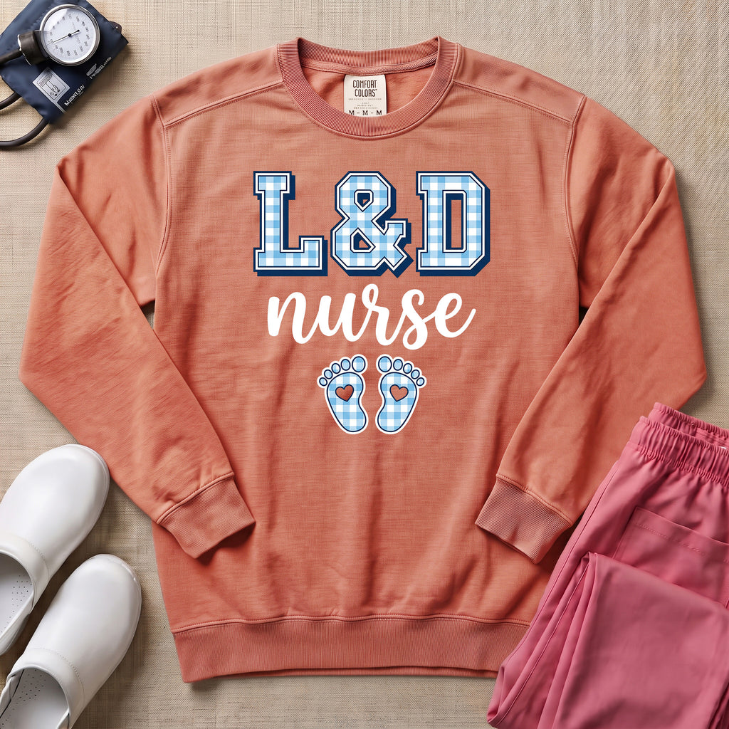L&D Nurse Blue Gingham Footprints Sweatshirt - Terracotta Comfort Colors Sweatshirt | HugTee