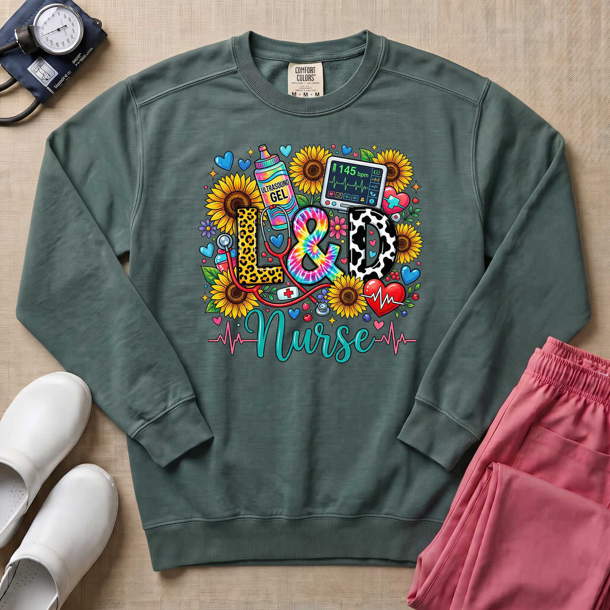 Boho Floral Patterned L&D Nurse Sweatshirt - Blue Spruce Comfort Colors Sweatshirt | HugTee