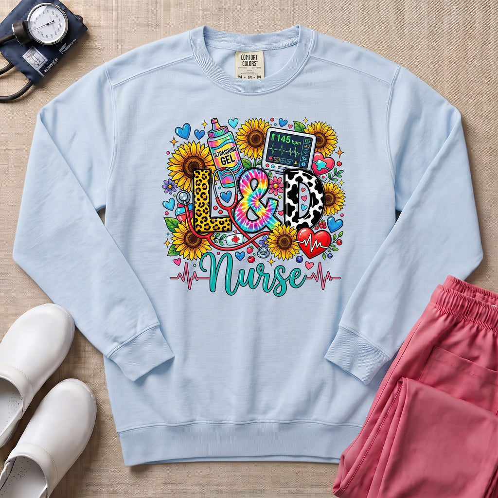 Boho Floral Patterned L&D Nurse Sweatshirt - Chambray Comfort Colors Sweatshirt | HugTee
