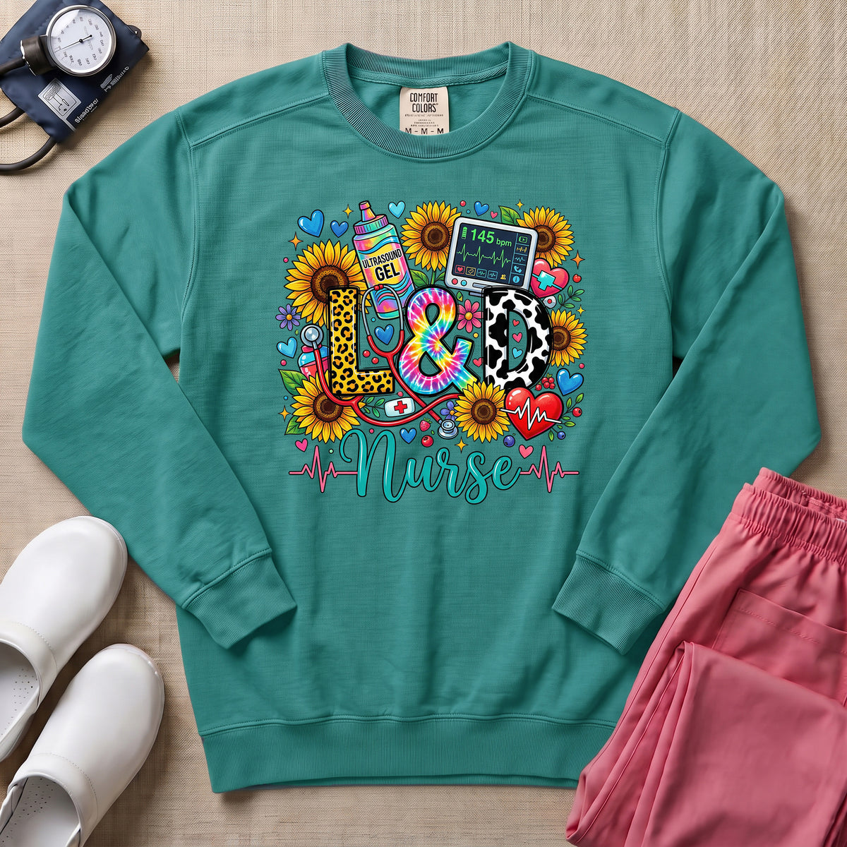 Boho Floral Patterned L&D Nurse Sweatshirt - Seafoam Comfort Colors Sweatshirt | HugTee