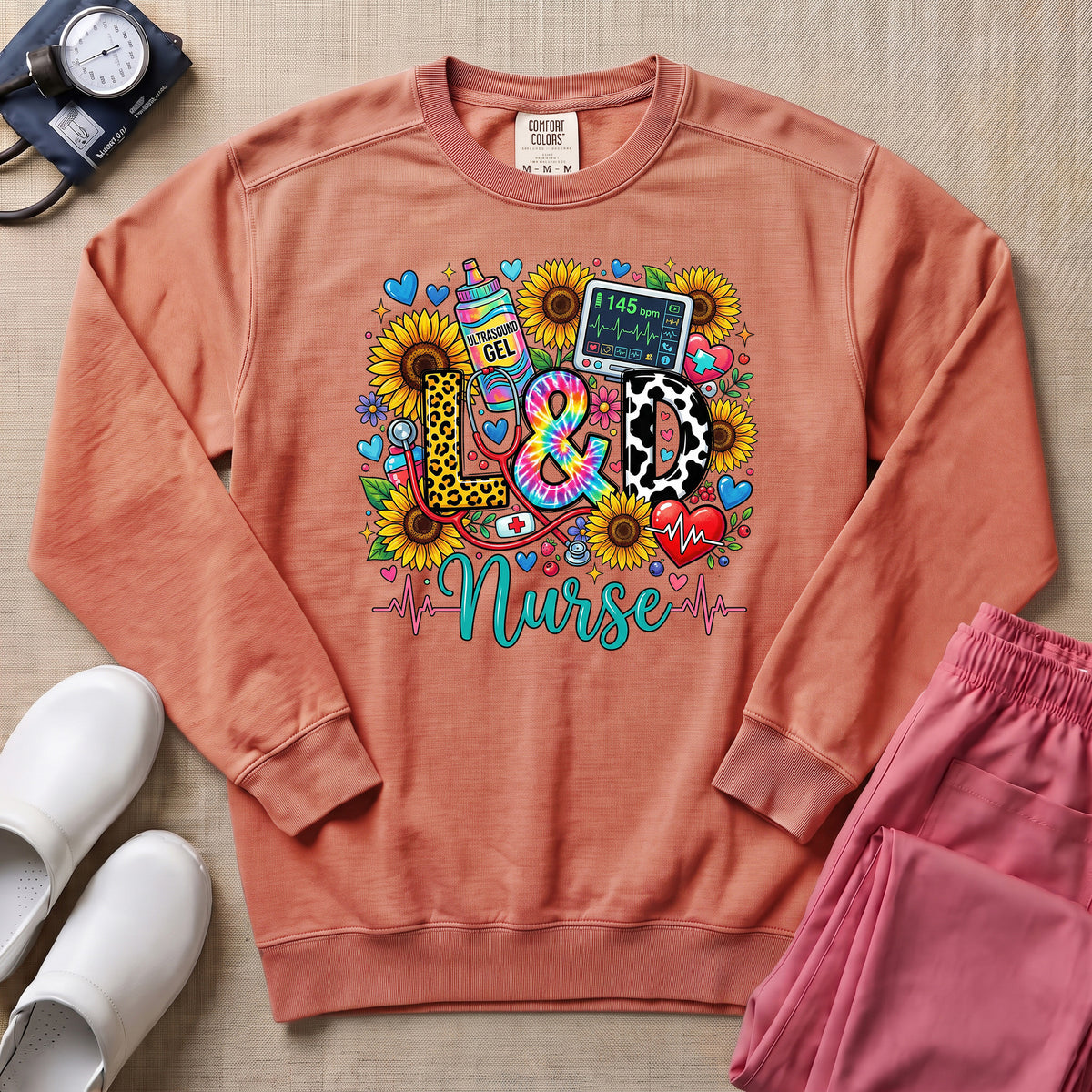 Boho Floral Patterned L&D Nurse Sweatshirt - Terracotta Comfort Colors Sweatshirt | HugTee