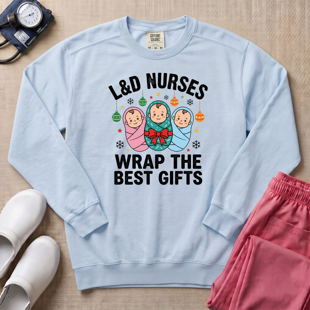 L&D Nurses Wrap The Best Gifts Christmas Sweatshirt - Chambray Comfort Colors Sweatshirt | HugTee