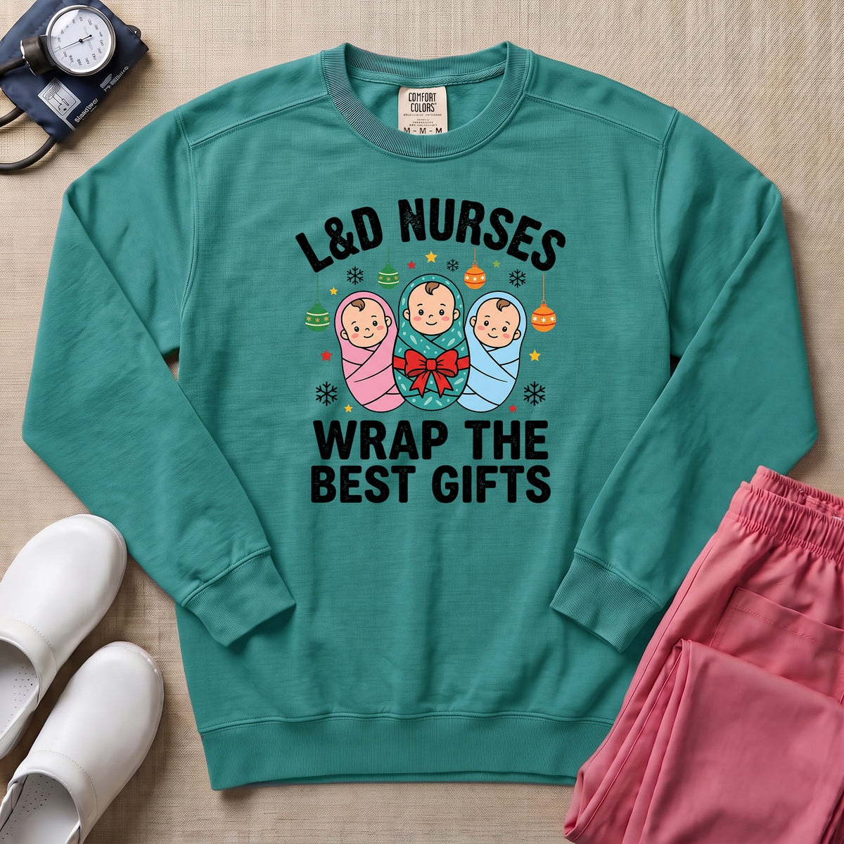 L&D Nurses Wrap The Best Gifts Christmas Sweatshirt - Seafoam Comfort Colors Sweatshirt | HugTee