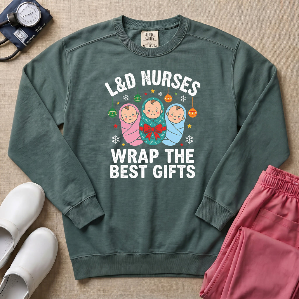 L&D Nurses Wrap The Best Gifts Christmas Sweatshirt - Blue Spruce Comfort Colors Sweatshirt | HugTee