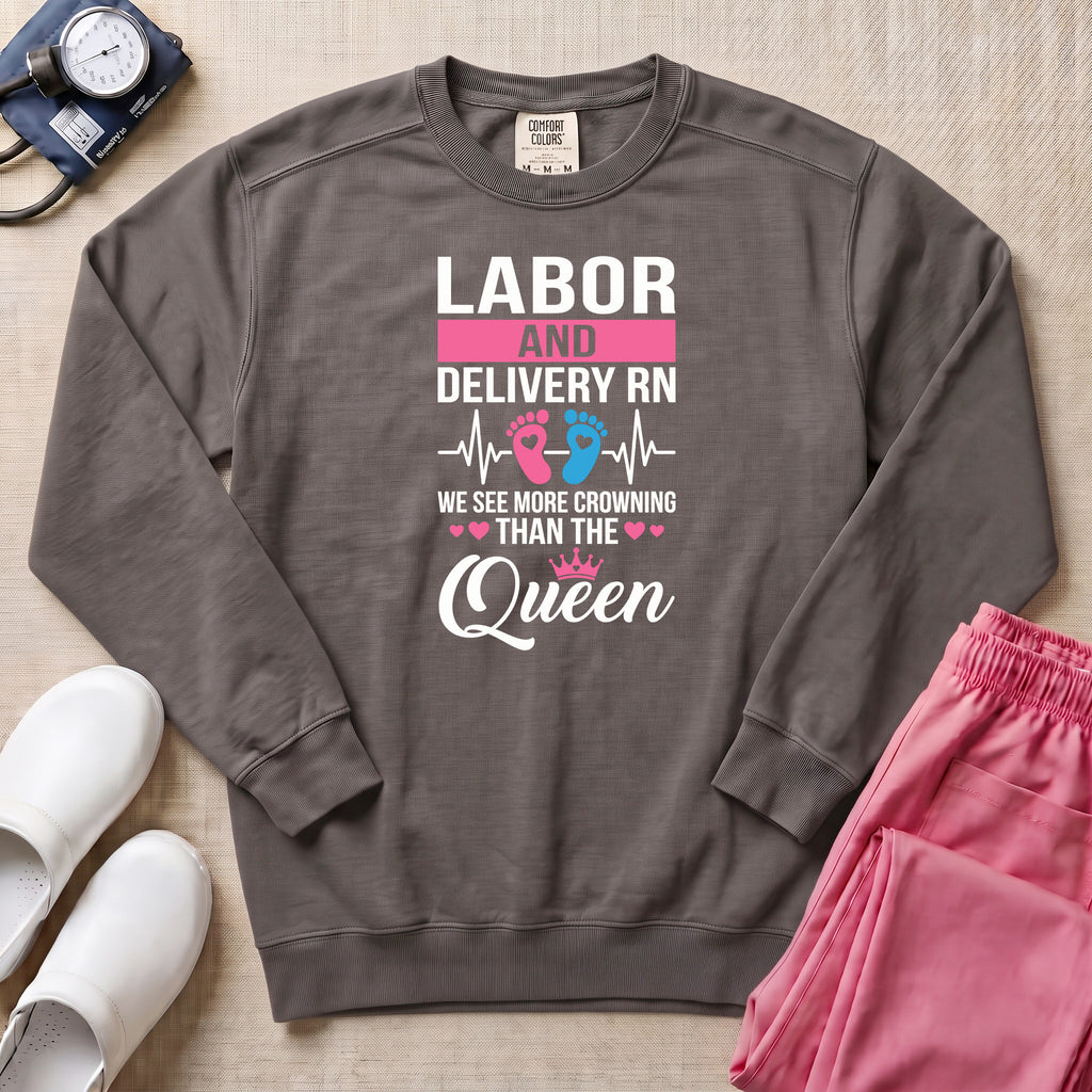 Funny Labor and Delivery RN Crowning Than The Queen Sweatshirt - Pepper Lifestyle Hero Mockup | HugTee