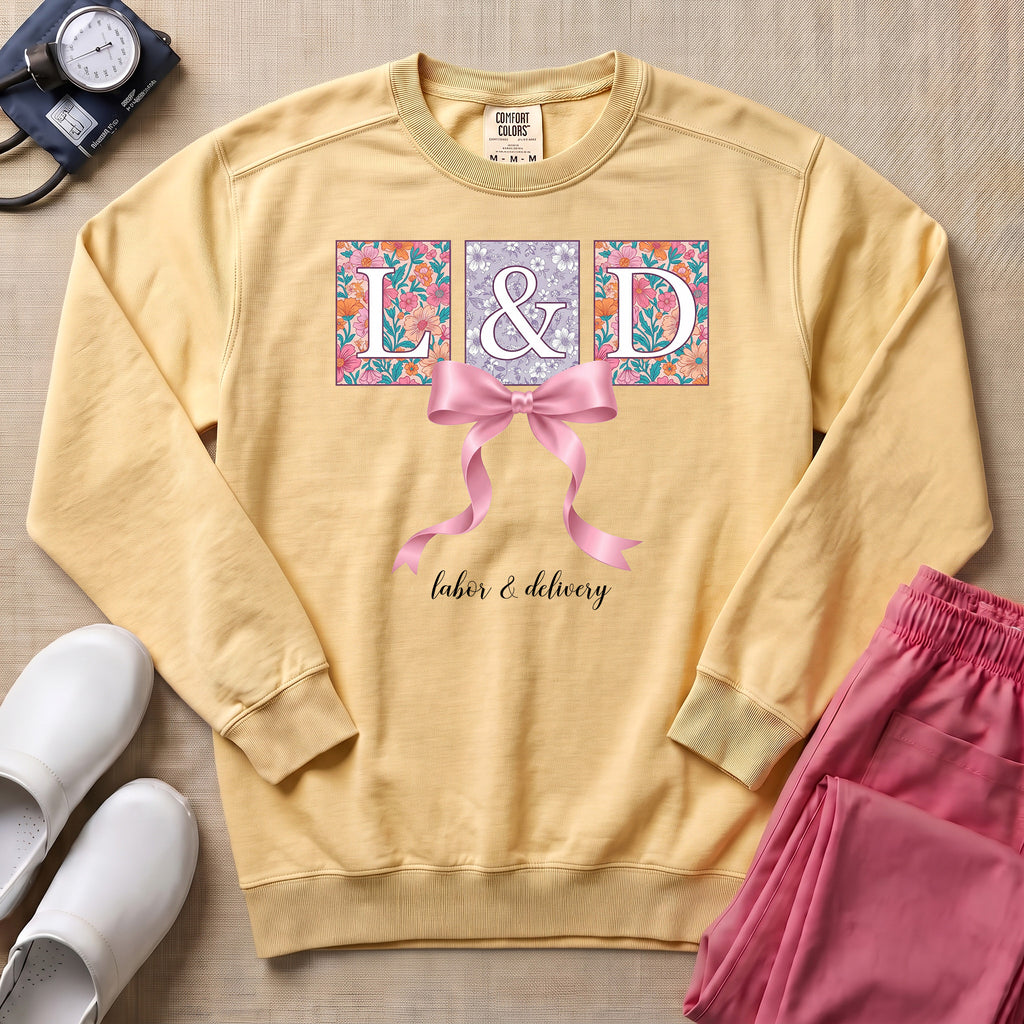 L&D Floral Coquette Pink Bow Sweatshirt - Butter Comfort Colors Sweatshirt | HugTee
