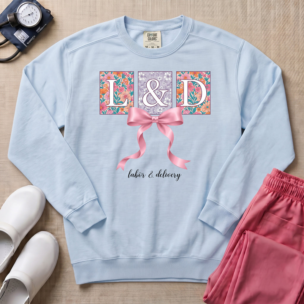 L&D Floral Coquette Pink Bow Sweatshirt - Chambray Comfort Colors Sweatshirt | HugTee