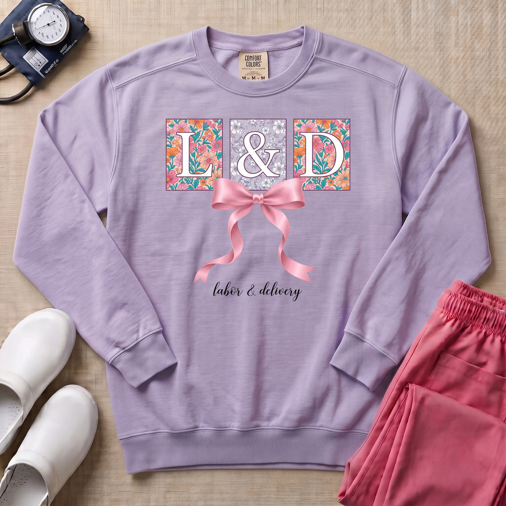 L&D Floral Coquette Pink Bow Sweatshirt - Orchid Comfort Colors Sweatshirt | HugTee