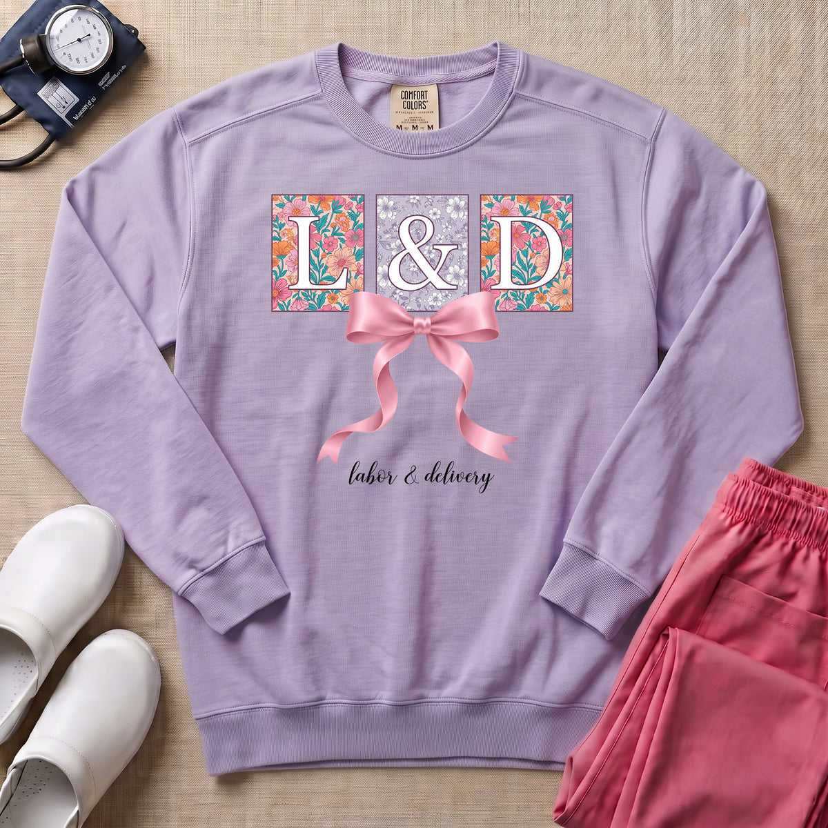 L&D Floral Coquette Pink Bow Sweatshirt - Orchid Comfort Colors Sweatshirt | HugTee