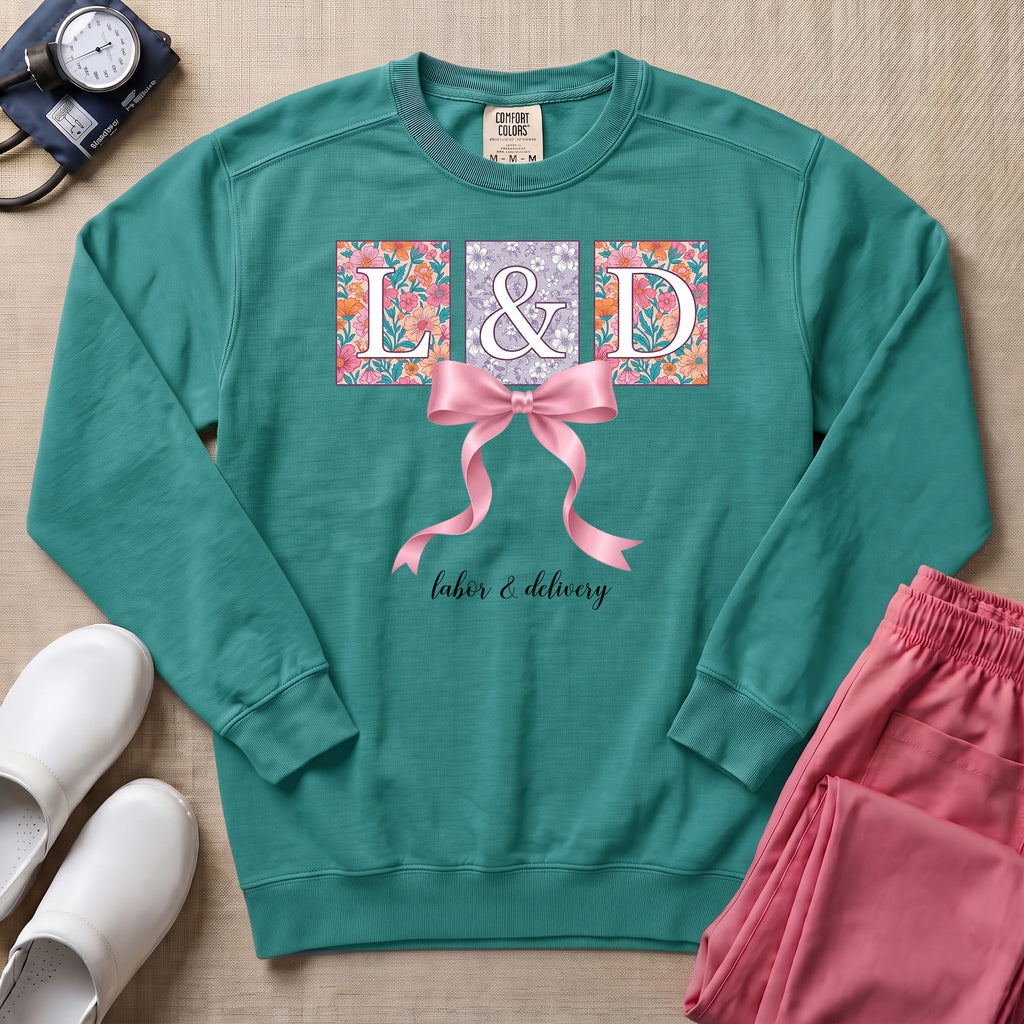 L&D Floral Coquette Pink Bow Sweatshirt - Seafoam Comfort Colors Sweatshirt | HugTee