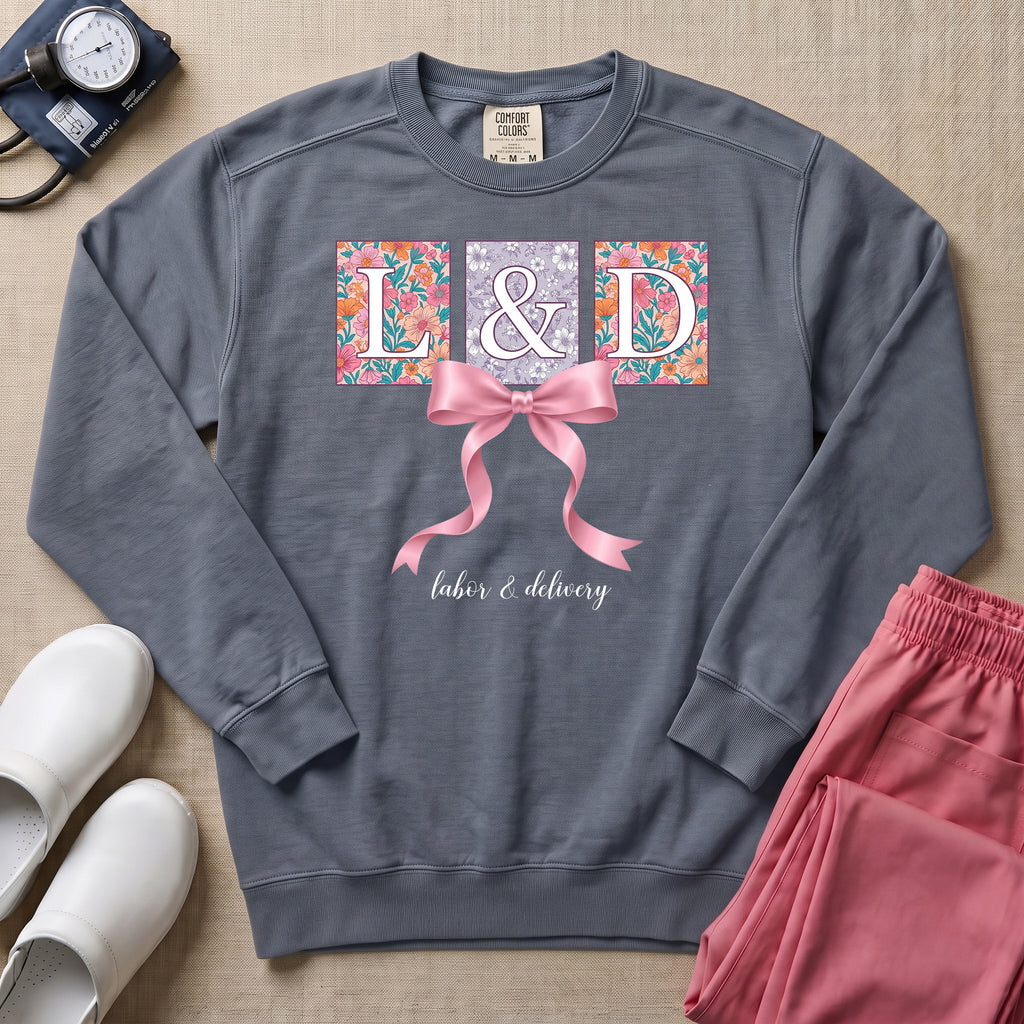 L&D Floral Coquette Pink Bow Sweatshirt - Blue Jean Comfort Colors Sweatshirt | HugTee