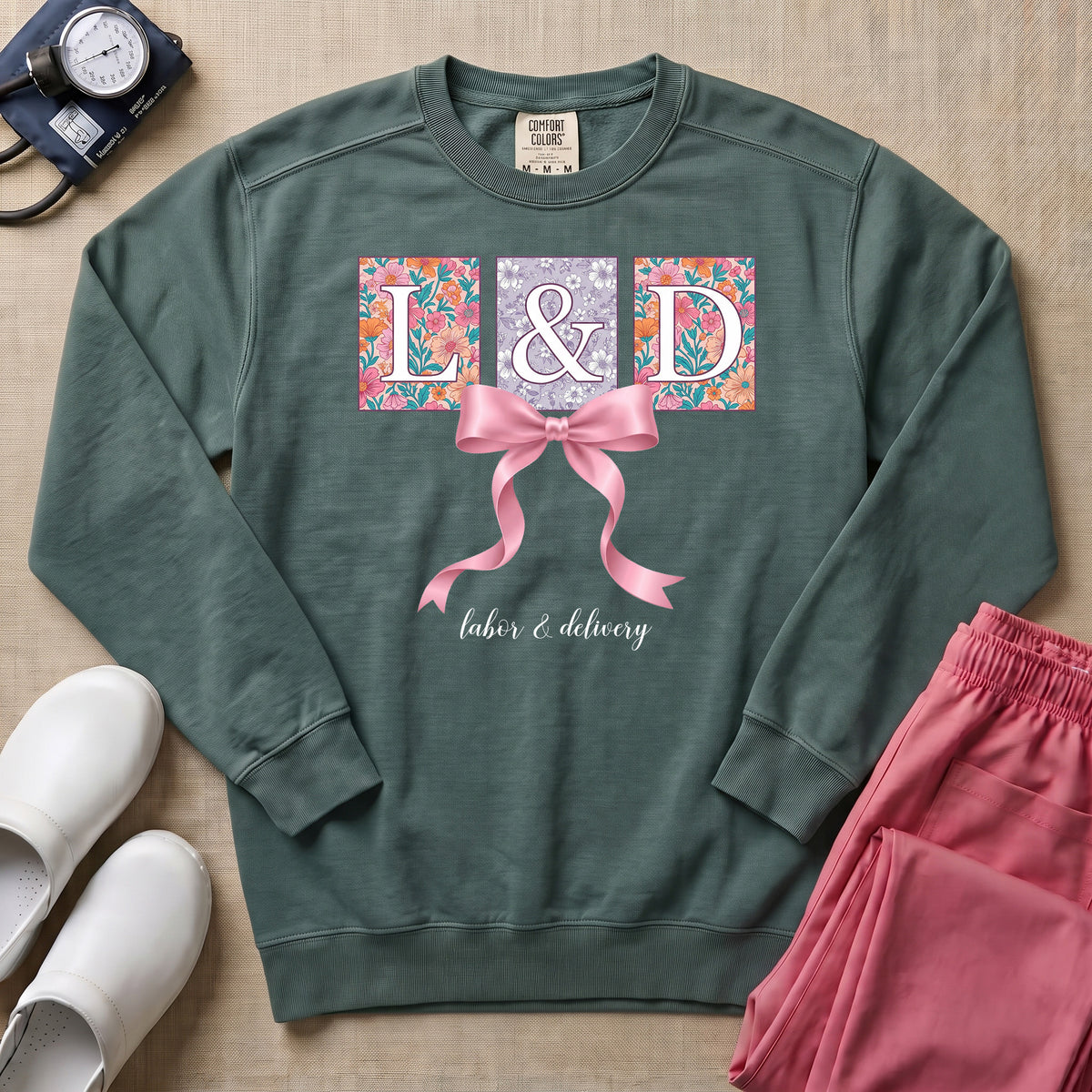 L&D Floral Coquette Pink Bow Sweatshirt - Blue Spruce Comfort Colors Sweatshirt | HugTee