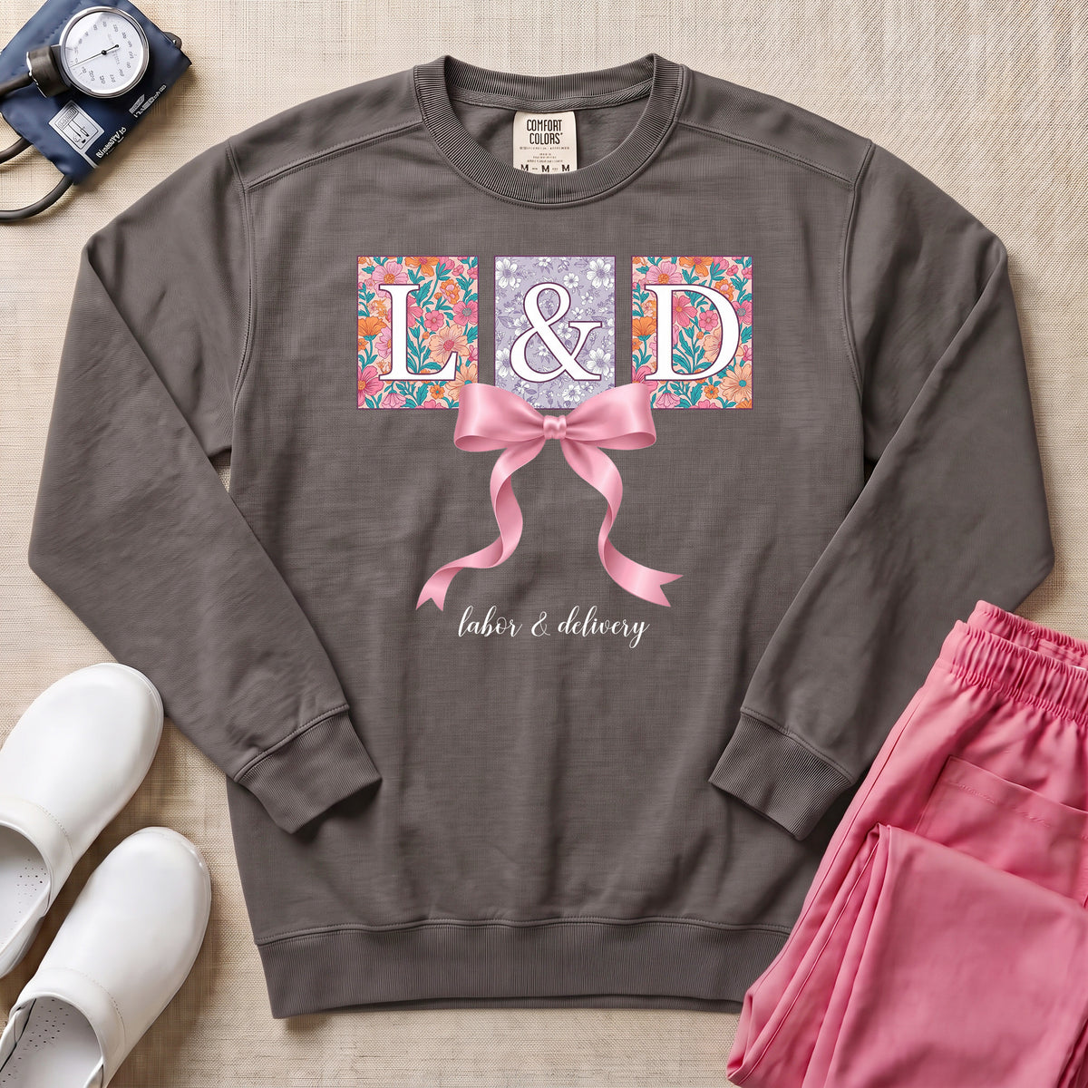L&D Floral Coquette Pink Bow Sweatshirt - Pepper Lifestyle Hero Mockup | HugTee