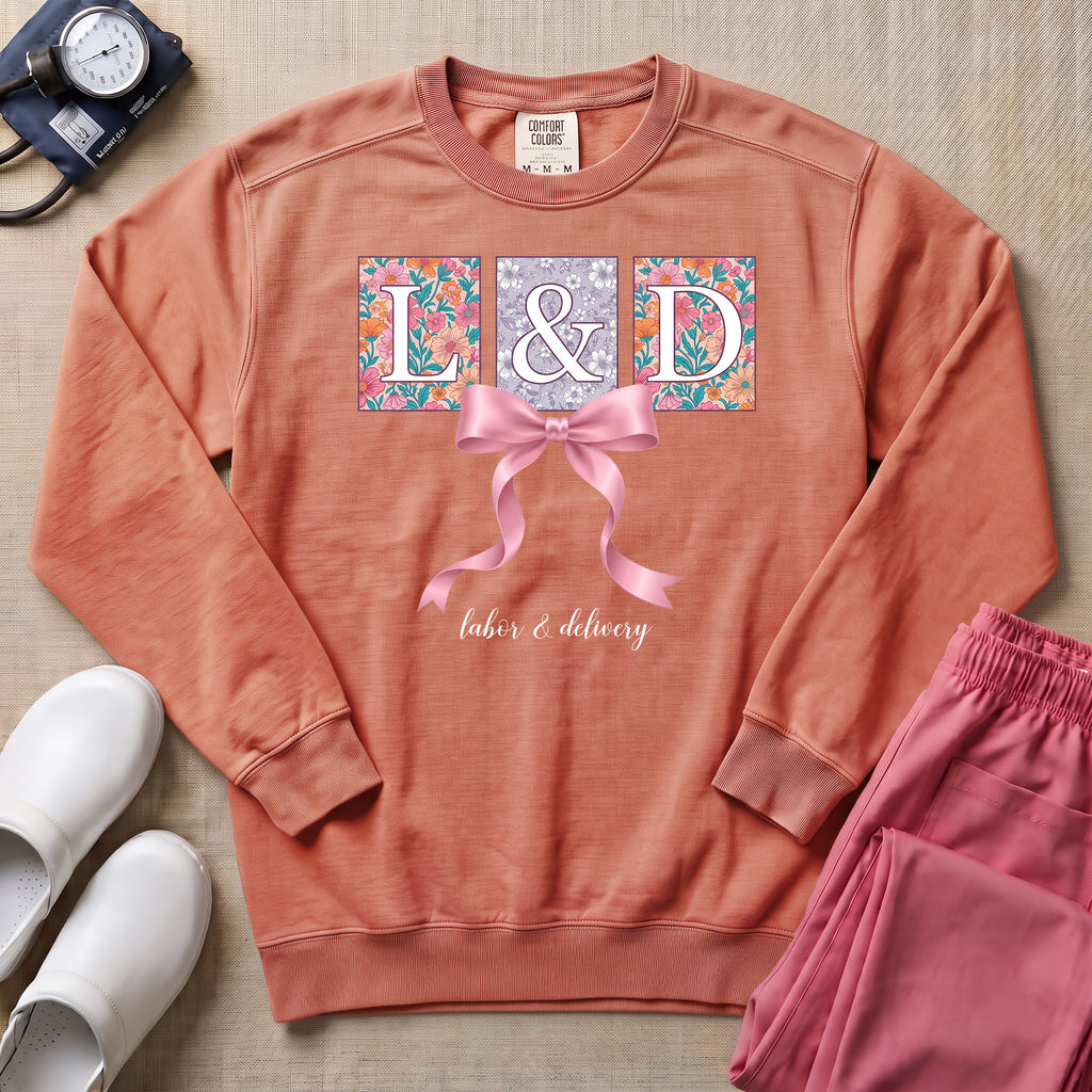 L&D Floral Coquette Pink Bow Sweatshirt - Terracotta Comfort Colors Sweatshirt | HugTee