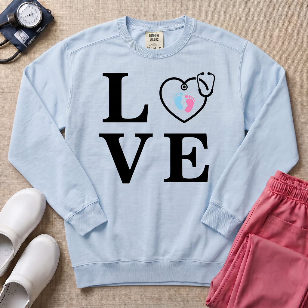 LOVE Stethoscope Baby Footprints L&D Nurse Sweatshirt - Chambray Comfort Colors Sweatshirt | HugTee