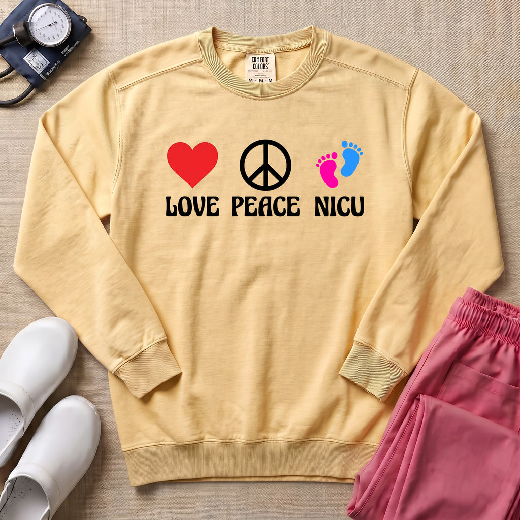 Love Peace NICU Retro Sweatshirt - Butter Comfort Colors Sweatshirt | HugTee