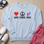 Love Peace NICU Retro Sweatshirt - Chambray Comfort Colors Sweatshirt | HugTee
