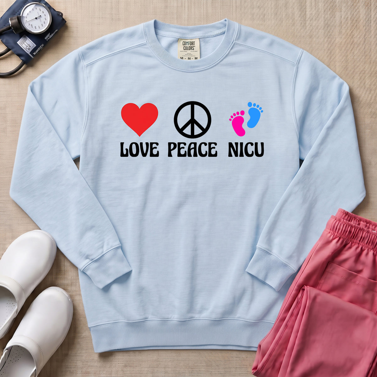 Love Peace NICU Retro Sweatshirt - Chambray Comfort Colors Sweatshirt | HugTee