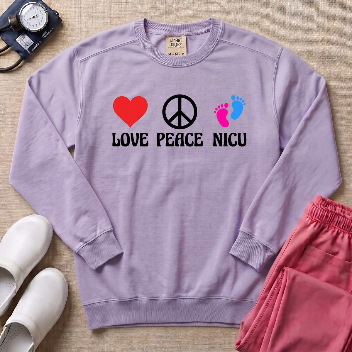 Love Peace NICU Retro Sweatshirt - Orchid Comfort Colors Sweatshirt | HugTee