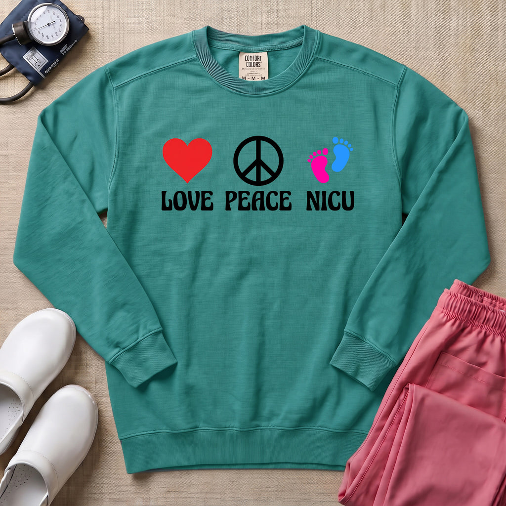 Love Peace NICU Retro Sweatshirt - Seafoam Comfort Colors Sweatshirt | HugTee