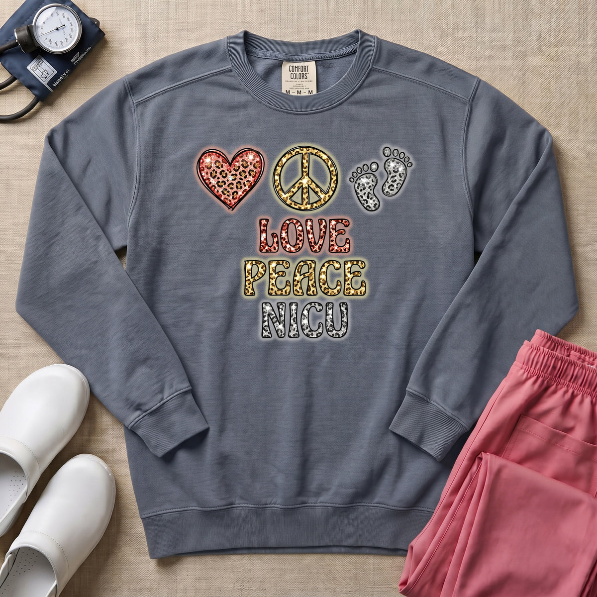 Leopard Print Love Peace NICU Sweatshirt - Blue Jean Comfort Colors Sweatshirt | HugTee