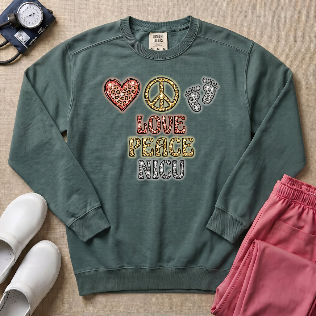 Leopard Print Love Peace NICU Sweatshirt - Blue Spruce Comfort Colors Sweatshirt | HugTee