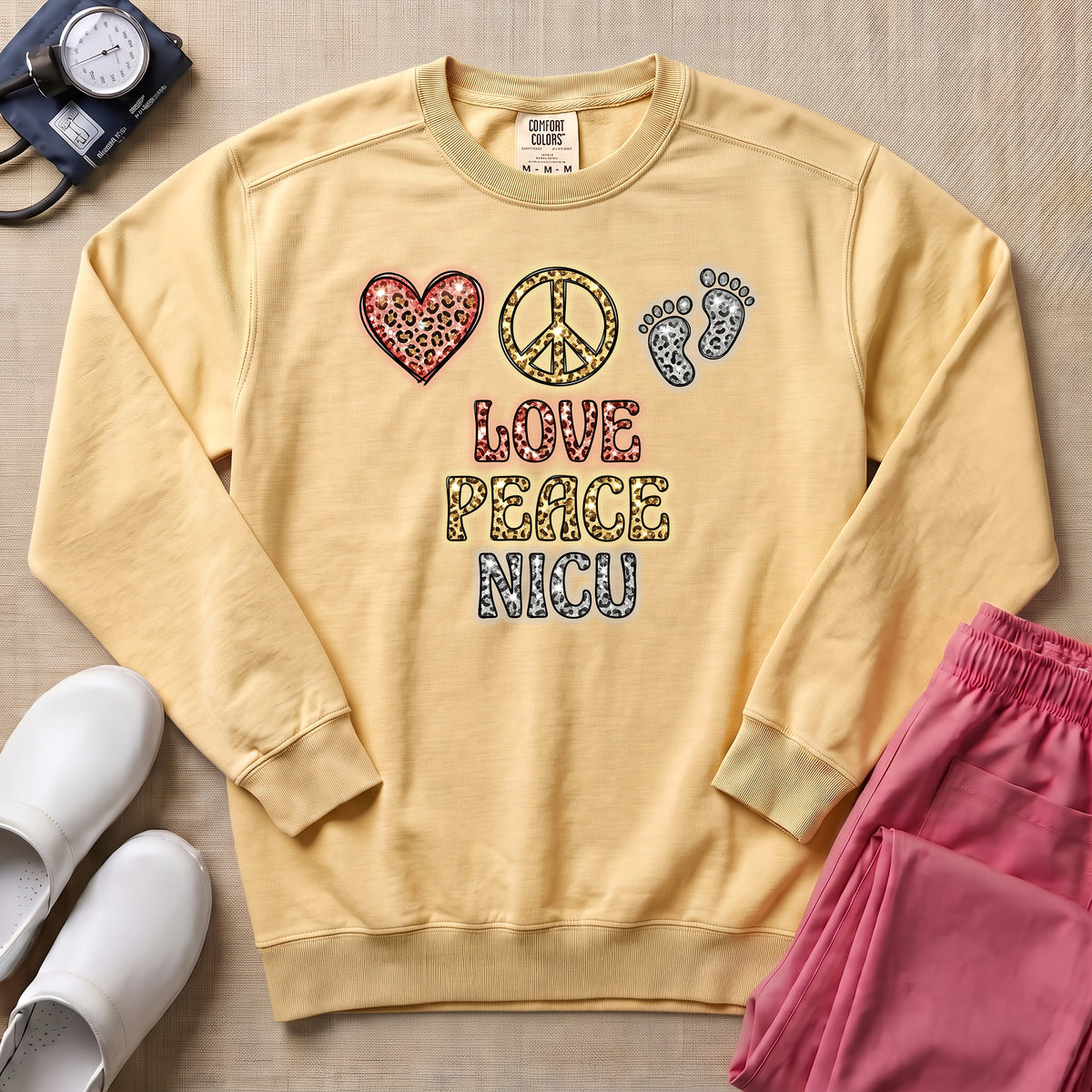 Leopard Print Love Peace NICU Sweatshirt - Butter Comfort Colors Sweatshirt | HugTee