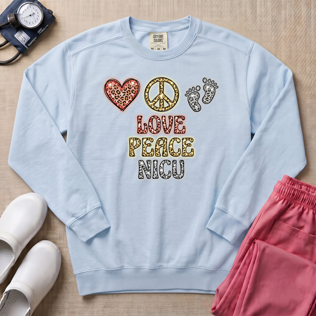 Leopard Print Love Peace NICU Sweatshirt - Chambray Comfort Colors Sweatshirt | HugTee