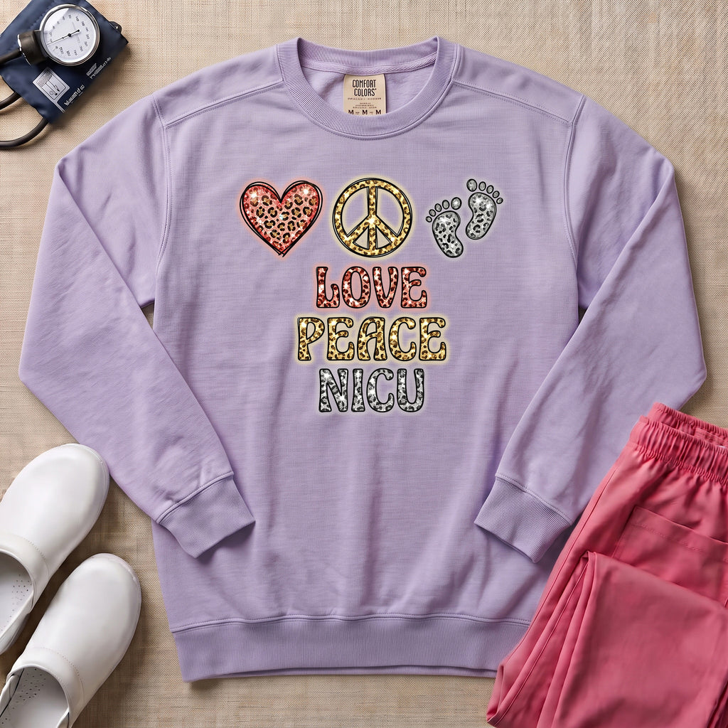 Leopard Print Love Peace NICU Sweatshirt - Orchid Comfort Colors Sweatshirt | HugTee