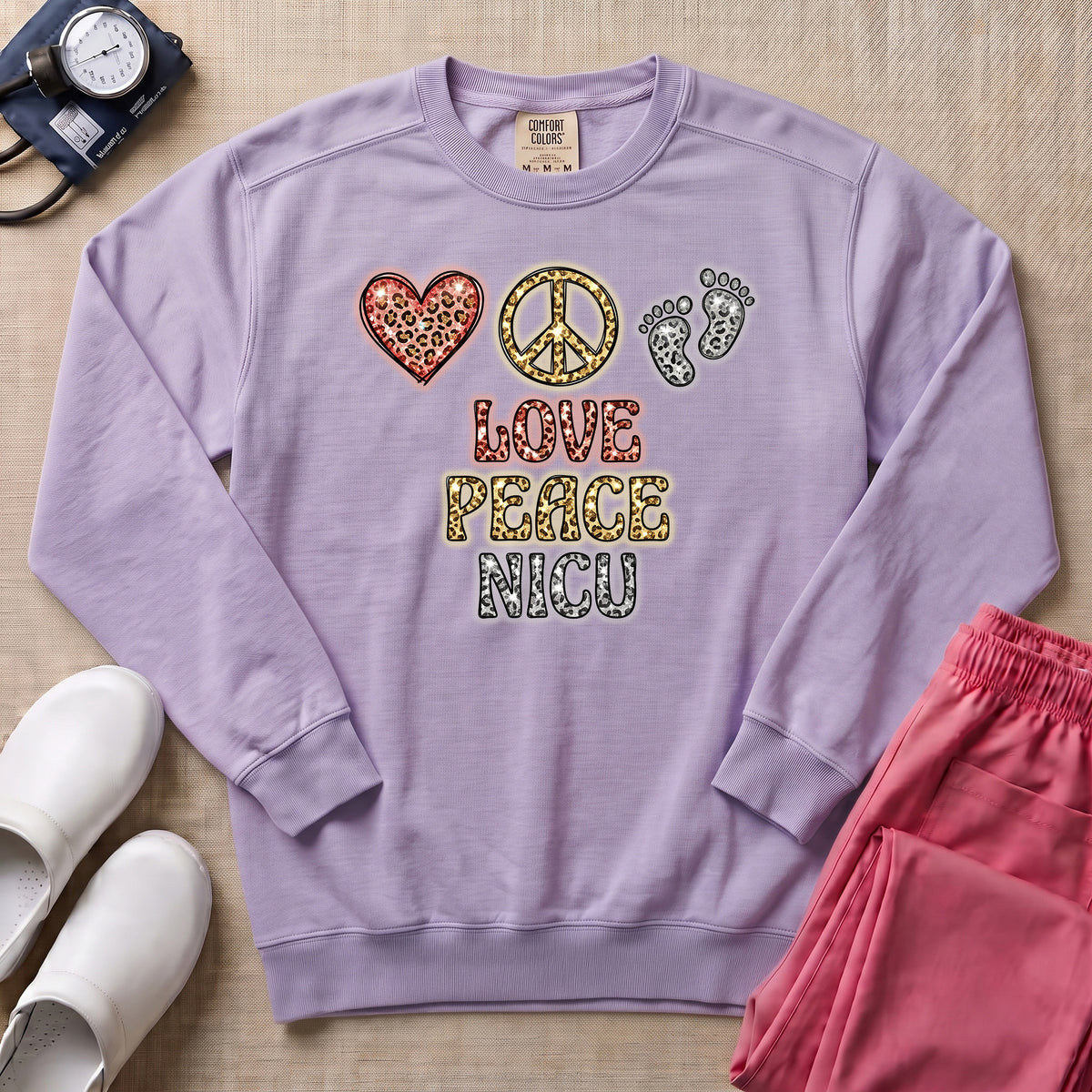 Leopard Print Love Peace NICU Sweatshirt - Orchid Comfort Colors Sweatshirt | HugTee