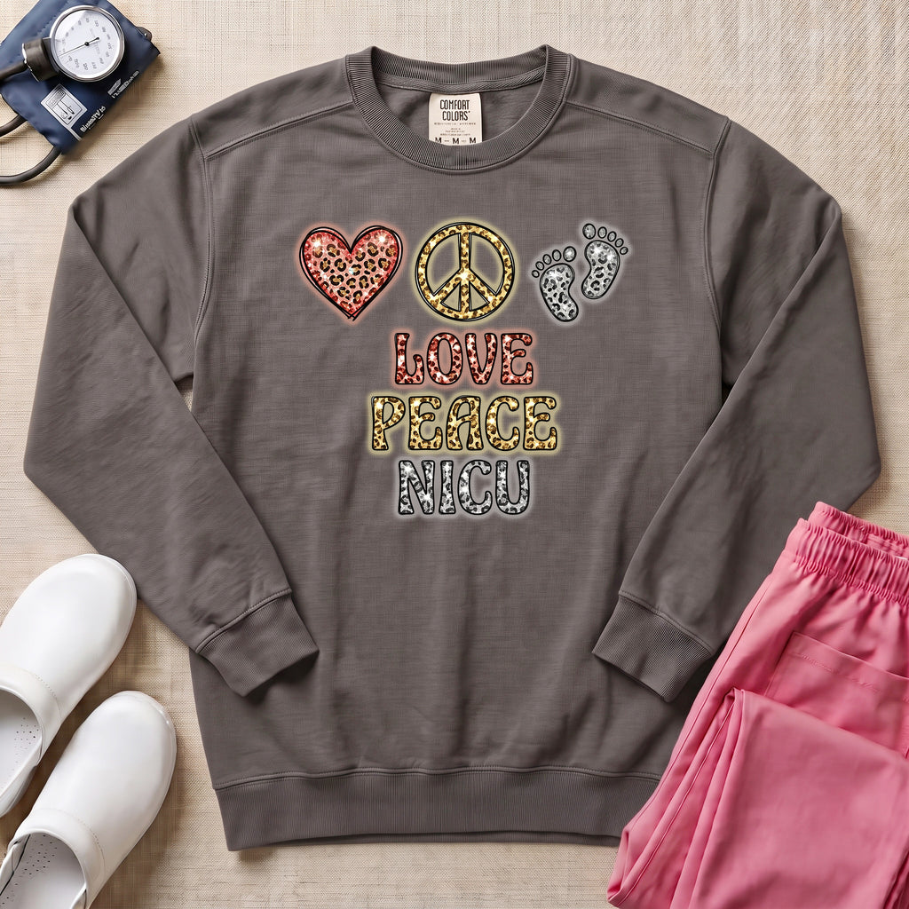 Leopard Print Love Peace NICU Sweatshirt - Pepper Lifestyle Hero Mockup | HugTee