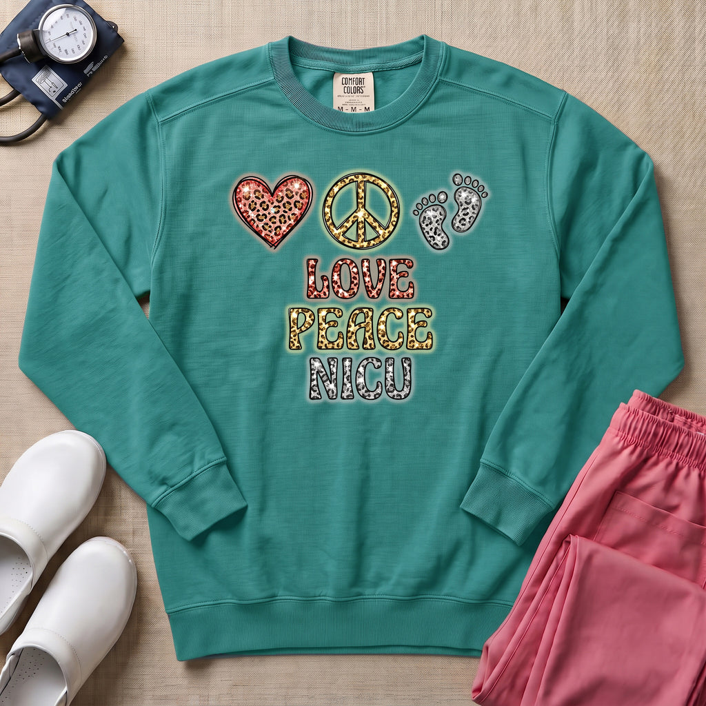Leopard Print Love Peace NICU Sweatshirt - Seafoam Comfort Colors Sweatshirt | HugTee
